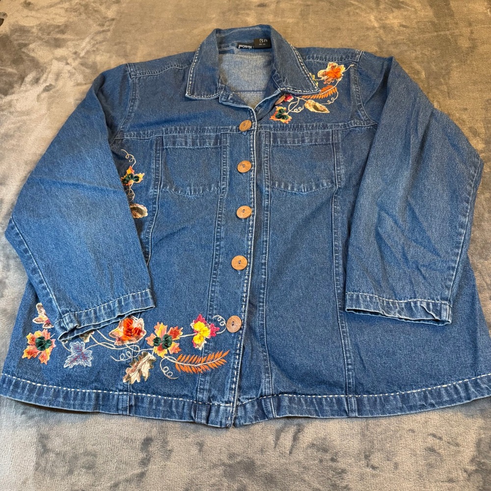 Northcrest Denim Jacket Floral Embroidered Button Front Womens Size 22/24